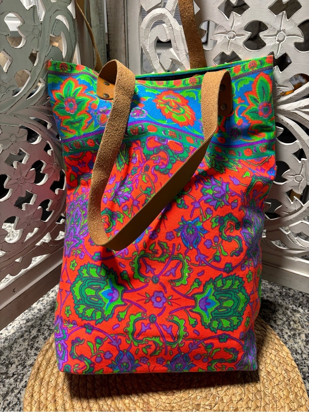 Colorful Floral Canvas Tote Bag with Leather Handles - Picture 10 of 11